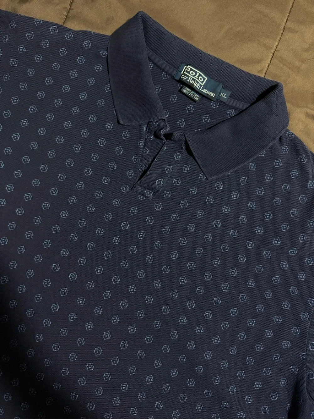 Vintage Ralph Lauren Navy Polo with Micro Geometric Print